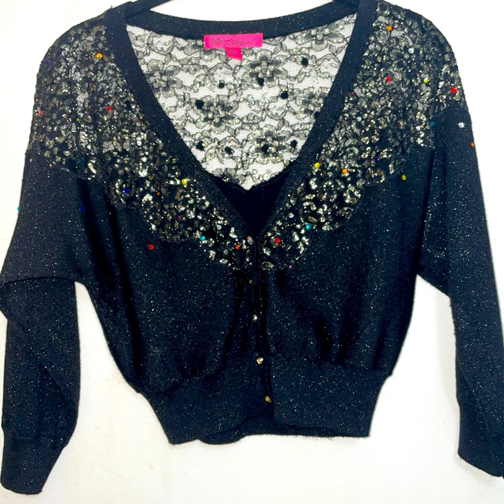 Betsy Johnson cropped lace and jewel cardigan
